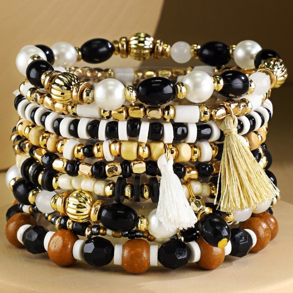 Classy Black & White Boho Chic Multi Layered Stretch Bracelet Set w/ Tassels